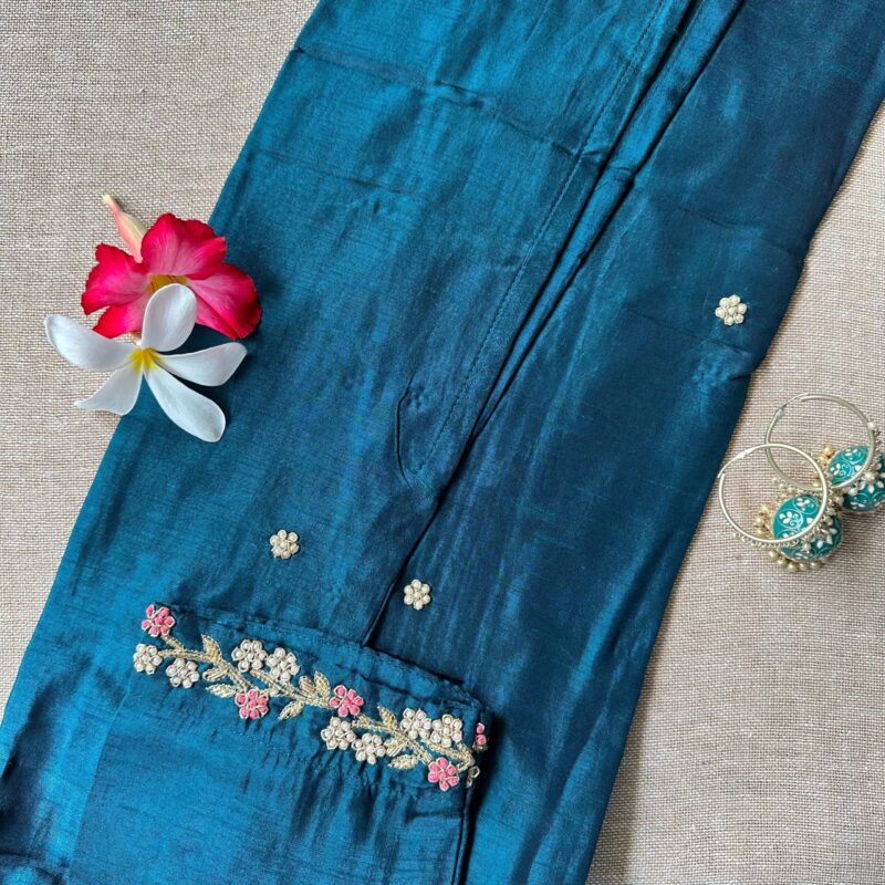 "Meena" Hand Embroidered Turquoise Silk Kurta - Image 4