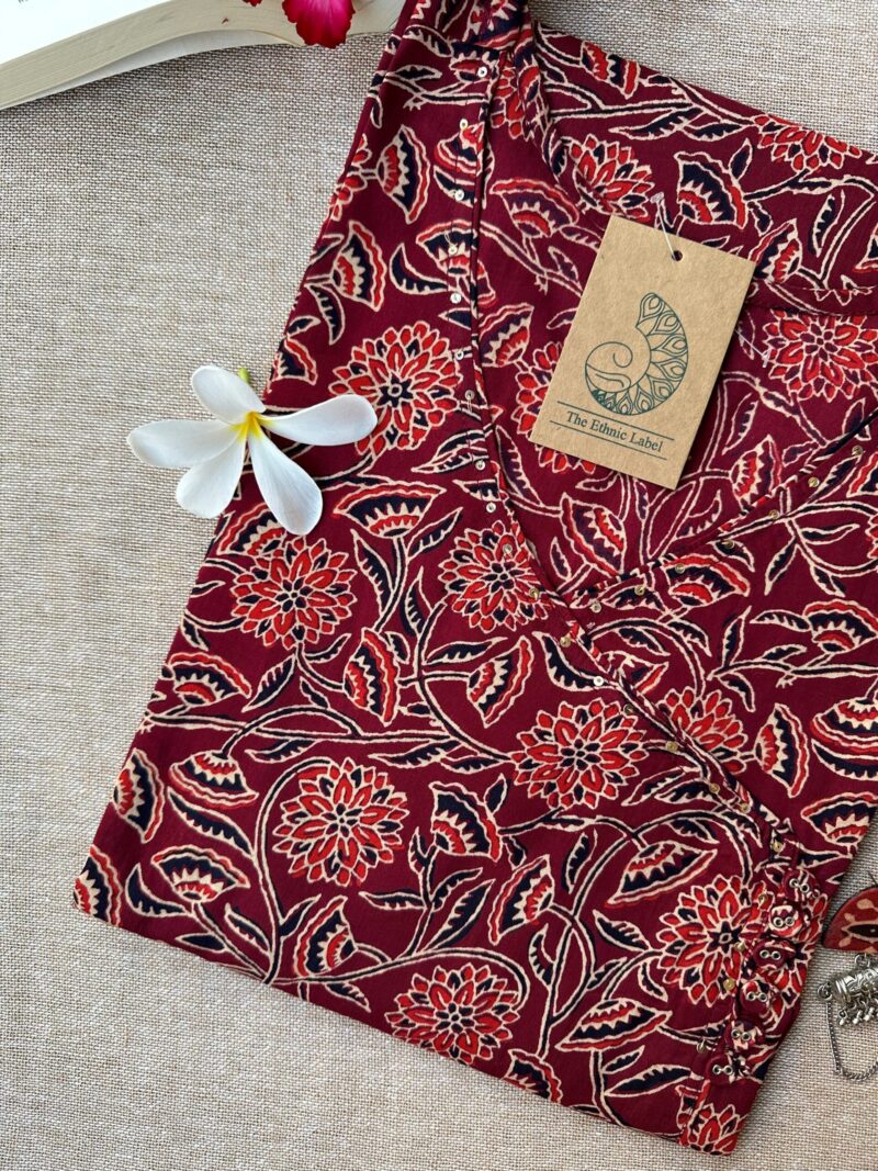 "Ruhee" Maroon Bagru Cotton Kurta - Image 3