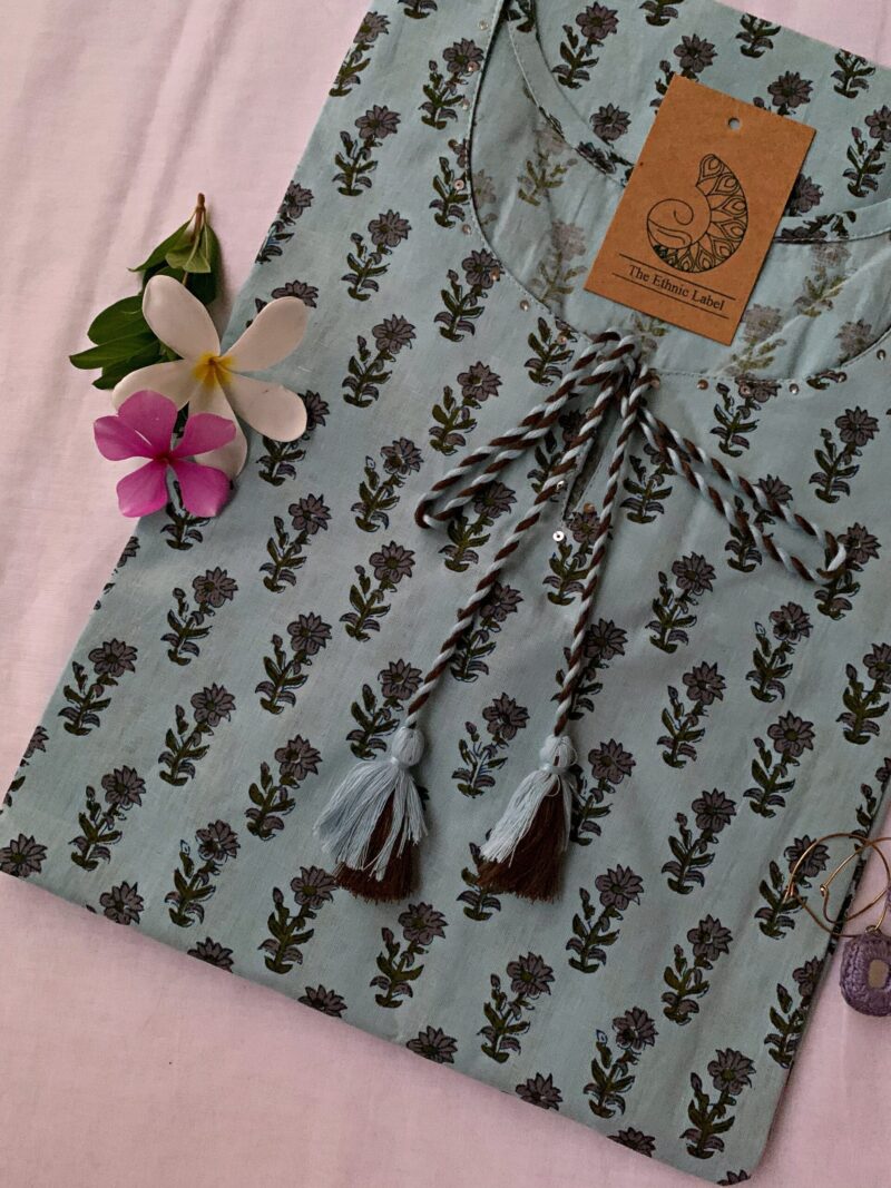 Pastel Blue Boota Tassel Cotton kurta - XL - Image 2